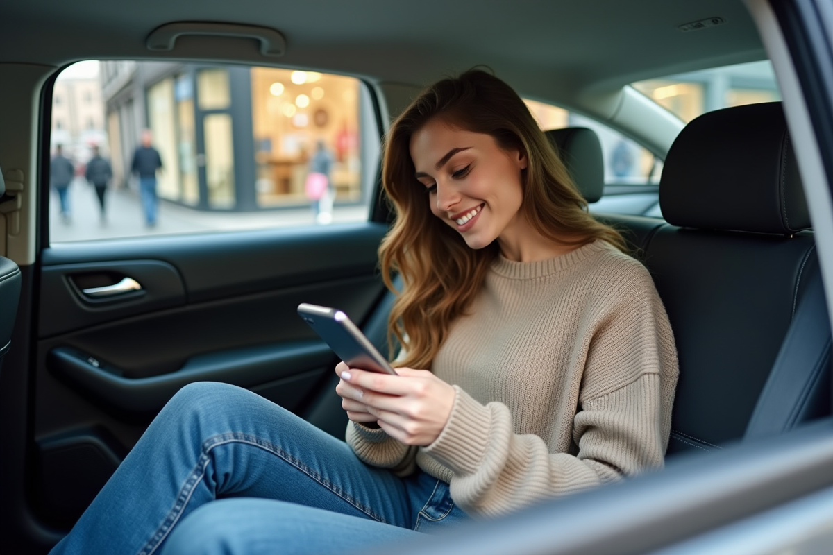 Jeune femme souriante dans la voiture avec smartphone