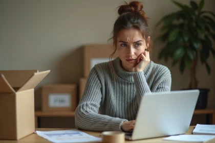 Femme frustrée consultant le suivi d'un colis China Post perdu sur son ordinateur portable à son bureau