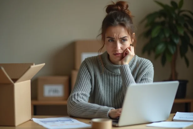 Femme frustrée consultant le suivi d'un colis China Post perdu sur son ordinateur portable à son bureau