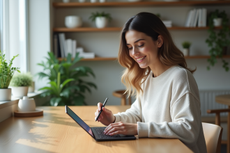 Femme utilisant une tablette Samsung dans un bureau lumineux