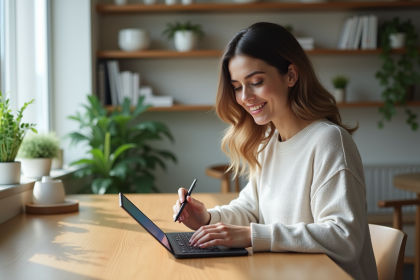 Femme utilisant une tablette Samsung dans un bureau lumineux