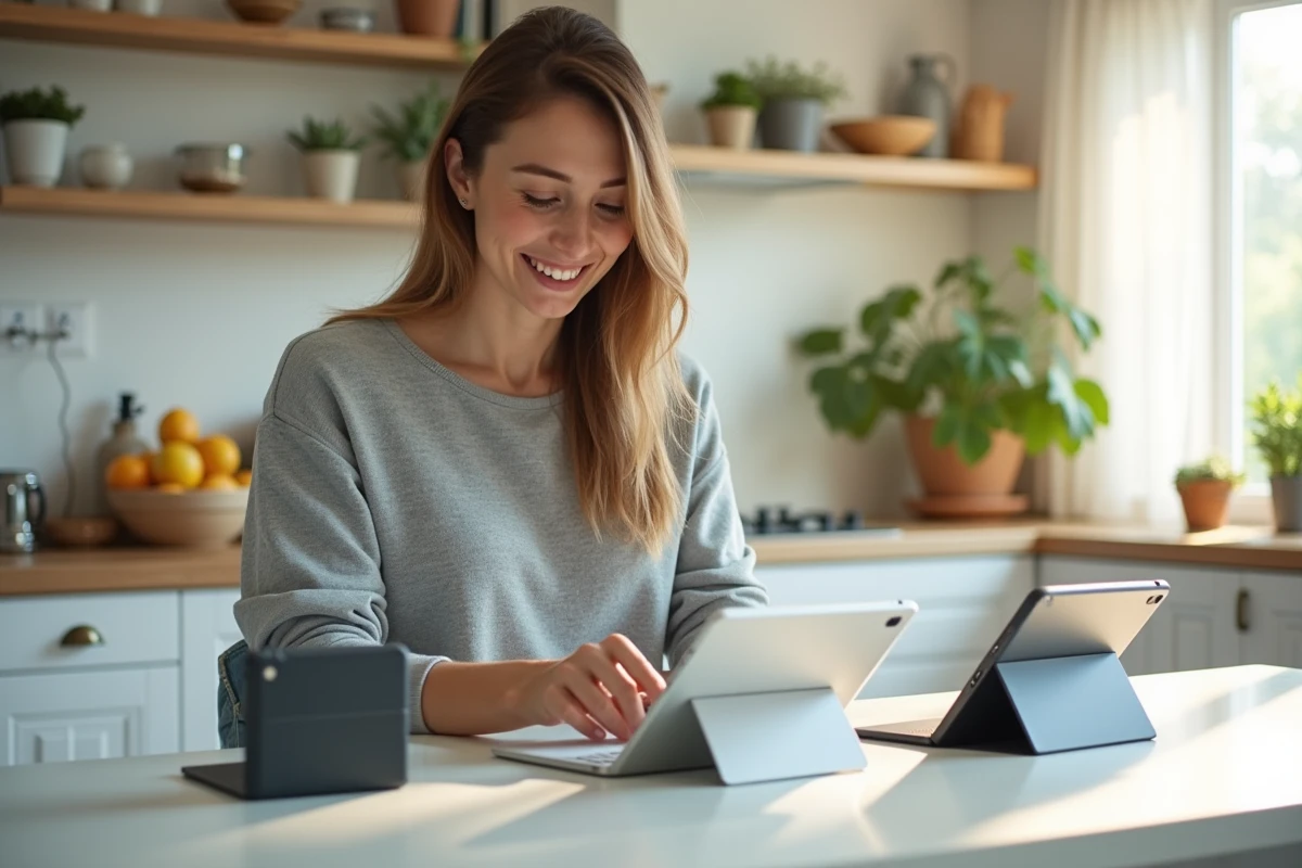 Femme décontractée teste une tablette dans une cuisine lumineuse