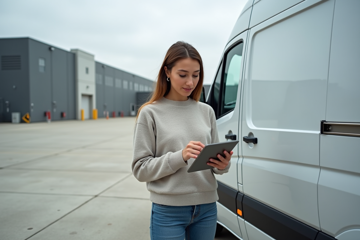 Femme en décontracté utilisant une tablette à côté d’un véhicule utilitaire