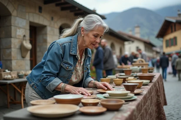 Femme âgée inspectant de la vaisselle ancienne sur un stand de vide grenier en Savoie rurale