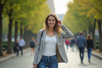 Femme confiante dans un parc urbain en ville