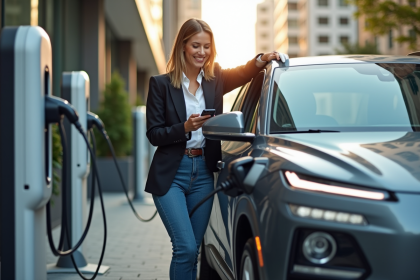 Jeune femme professionnelle avec voiture hybride en ville