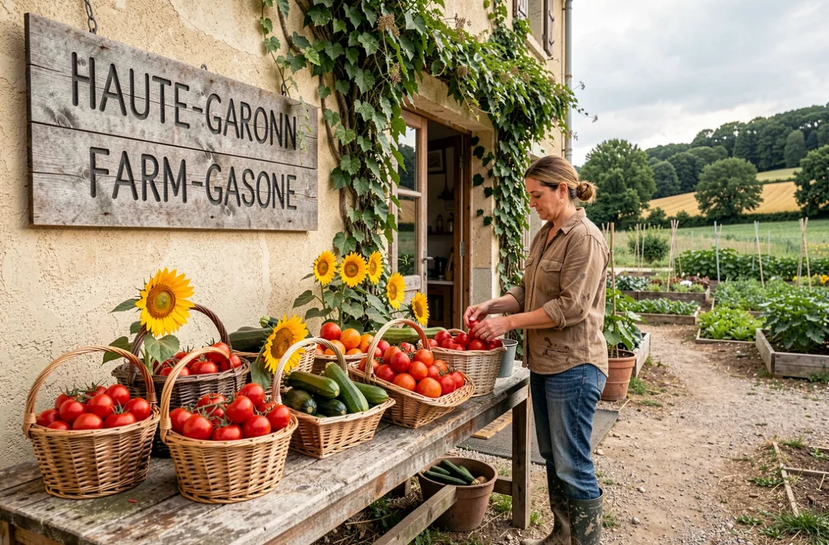 Devanture de la ferme Ferme et Gourmande en Haute-Garonne avec des légumes frais exposés et une agricultrice arrangeant les produits