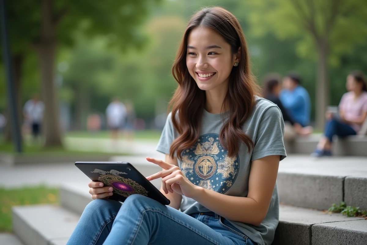 Jeune femme souriante pointant une tablette avec carte fantasy en extérieur
