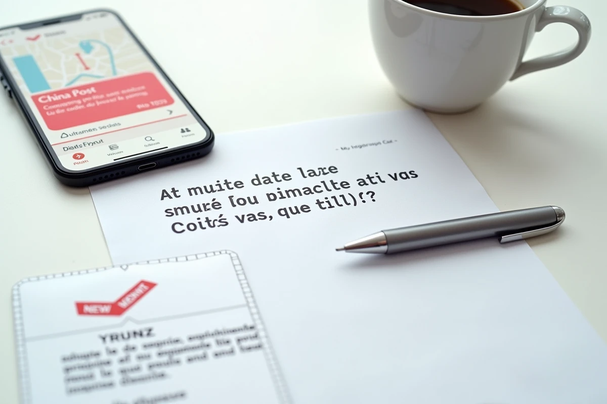 Vue de dessus d'une réclamation écrite pour colis China Post non livré avec smartphone affichant une erreur de suivi