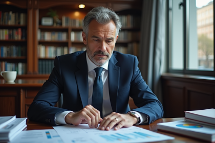 Homme fonctionnaire en costume bleu examine des documents financiers