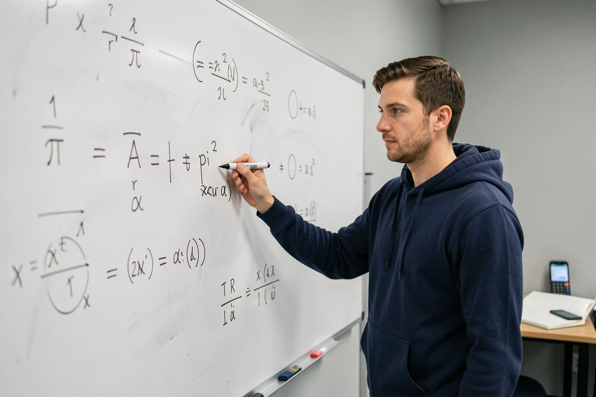Homme devant un tableau blanc avec les formules mathématiques de calcul de la surface d'un cercle