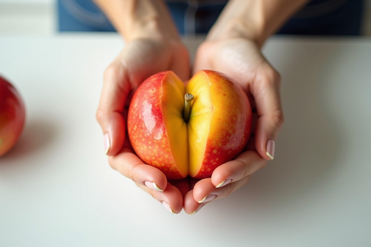 Fruit en forme de V tenu dans des mains propres sur comptoir blanc