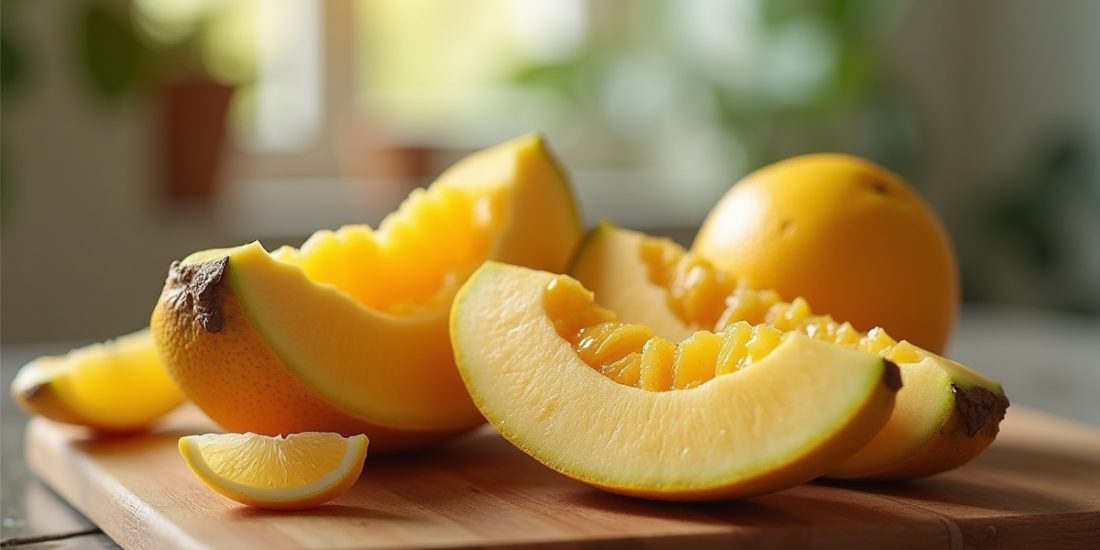 Fruit en forme de V coupé en deux sur planche en bois