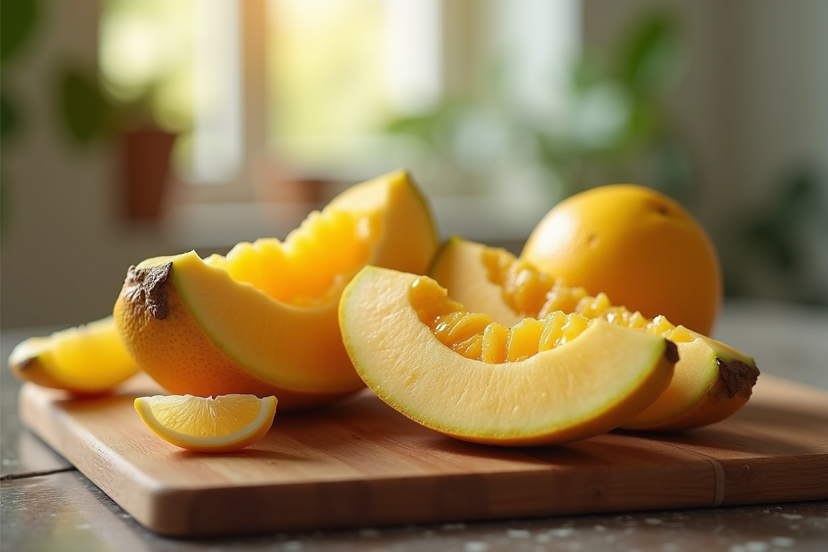 Fruit en forme de V coupé en deux sur planche en bois