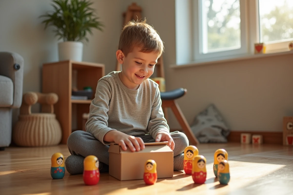 Jeune garçon jouant avec des poupées russes dans la pièce