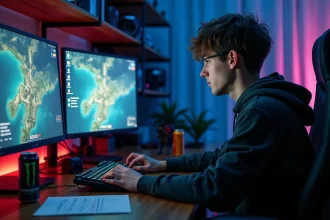 Joueur de jeu de rôle en ligne gérant plusieurs comptes simultanément sur trois écrans dans un bureau gaming à domicile