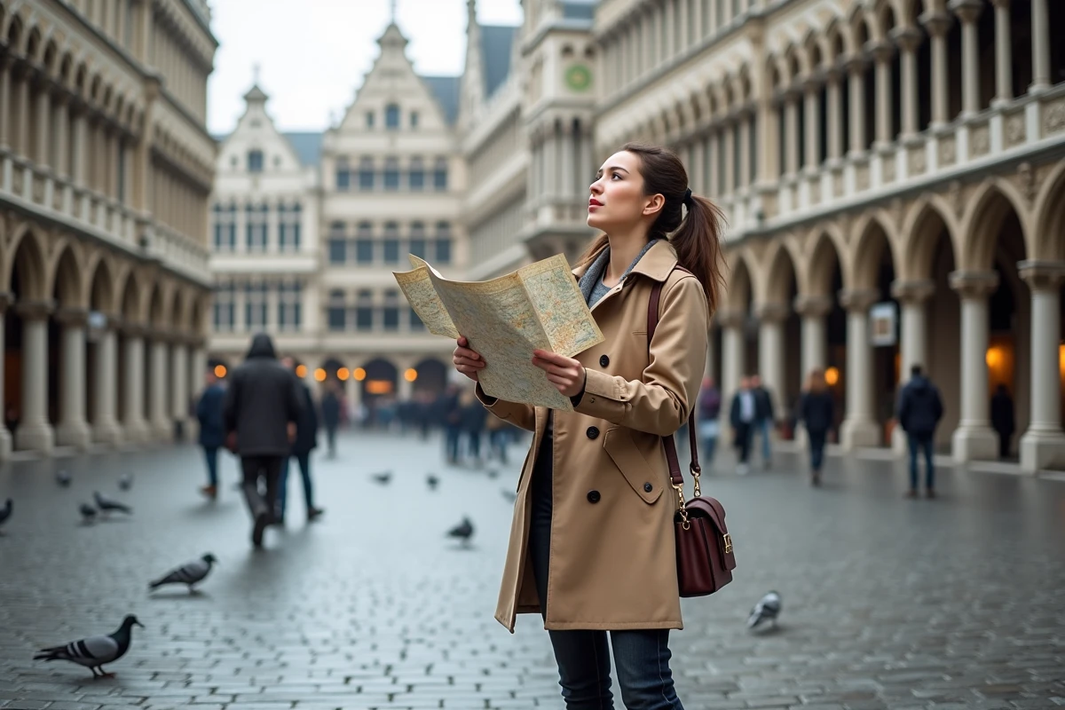 Jeune femme consultant un guide touristique devant la Grand-Place de Bruxelles lors d'un premier séjour