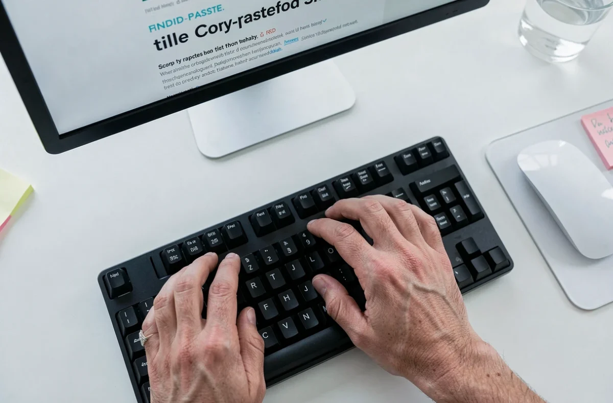 Gros plan des mains sur un clavier mécanique lors d'une manipulation de copier-coller du symbole approximativement