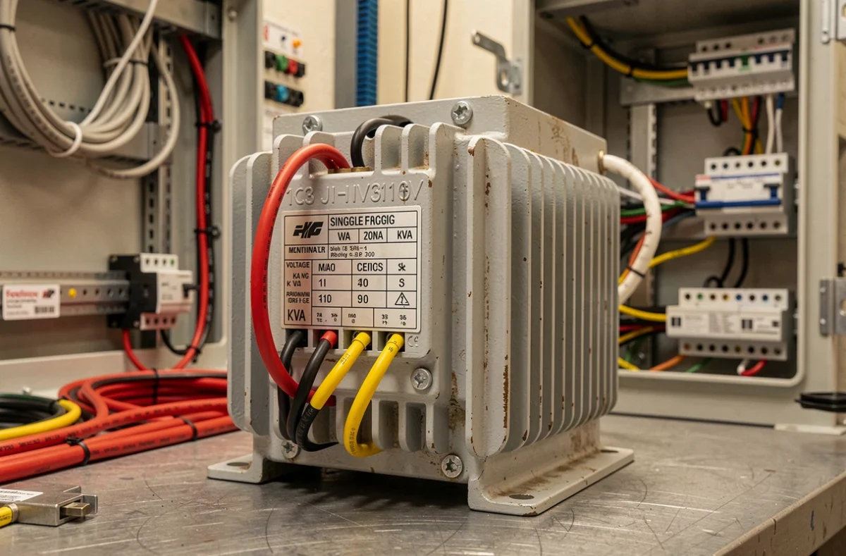 Gros plan sur un transformateur triphasé monophasé industriel avec bornes câblées pour machine CNC