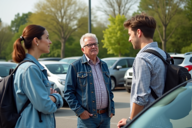 Trois adultes discutant près d'une voiture en parking