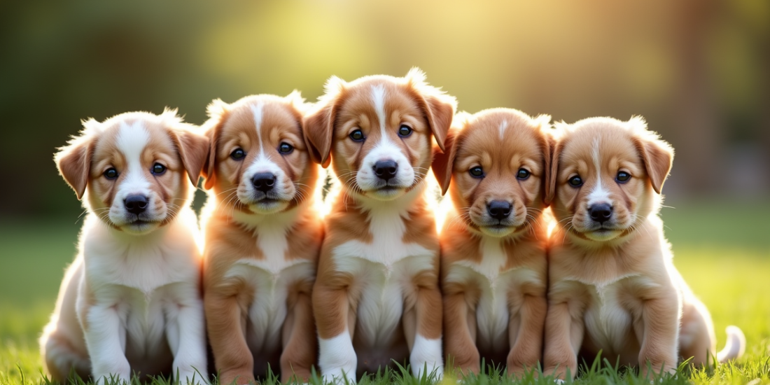 Groupe de chiots joueurs sur l'herbe en plein soleil