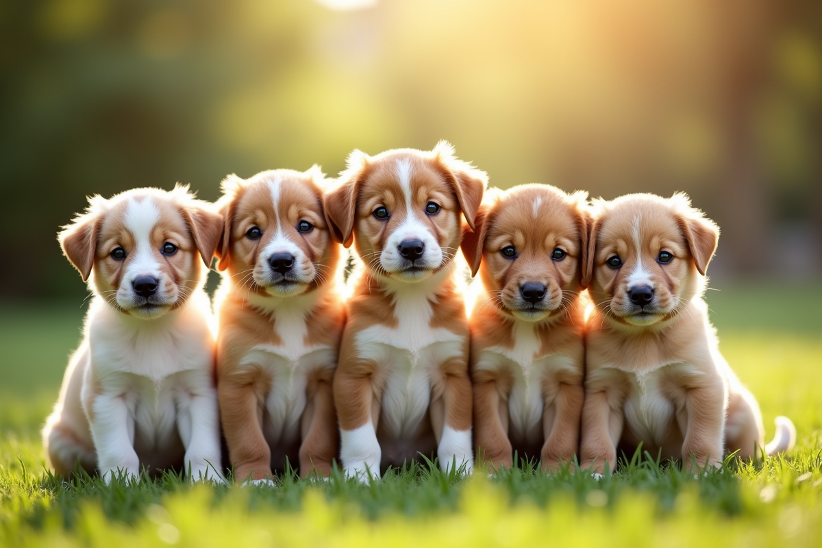 Groupe de chiots joueurs sur l'herbe en plein soleil