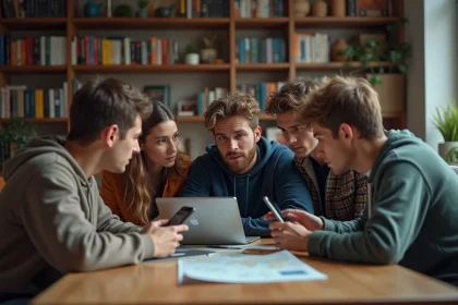 Jeunes adultes discutant stratégie autour d'un ordinateur dans un salon