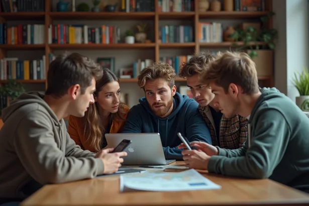 Jeunes adultes discutant stratégie autour d'un ordinateur dans un salon