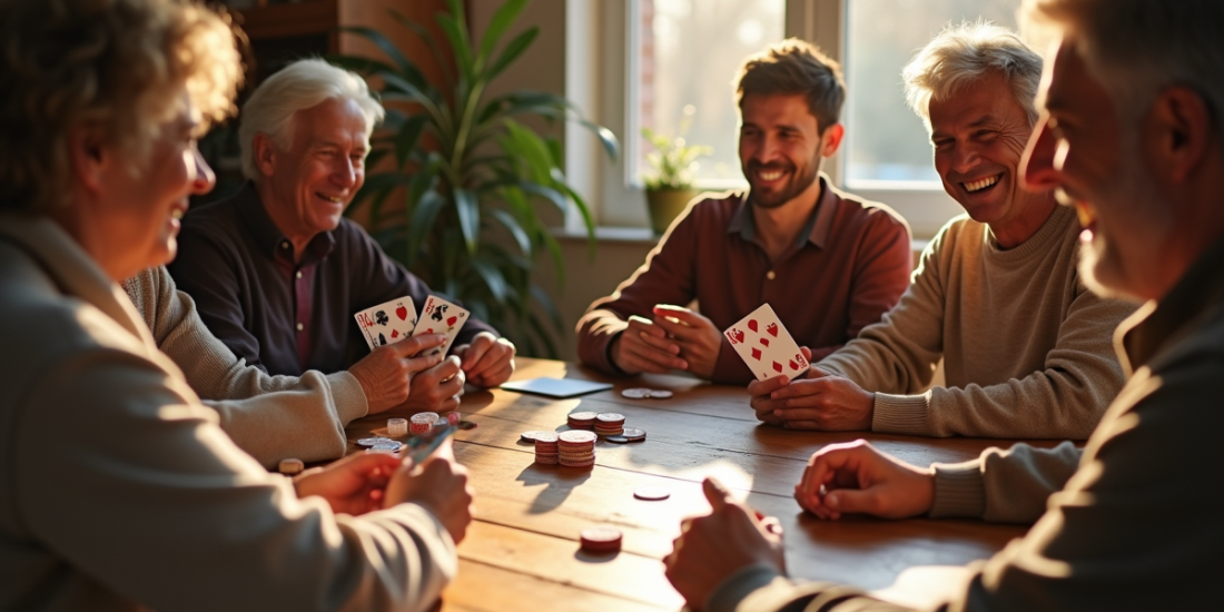 Groupe d'adultes jouant au rummy dans un cadre chaleureux