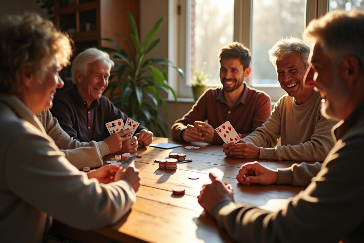 Groupe d'adultes jouant au rummy dans un cadre chaleureux