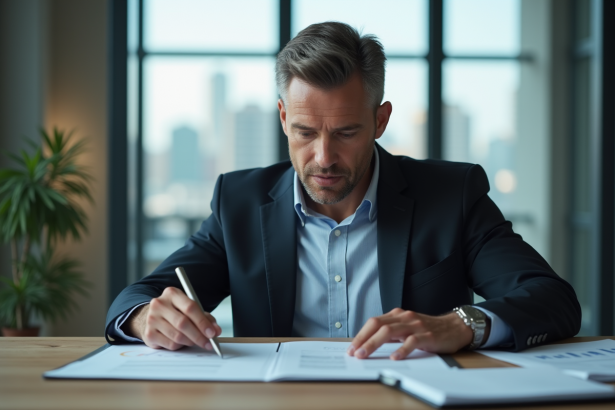 Homme d'affaires en réunion avec documents d'investissement