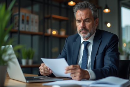 Homme d'affaires en costume navy dans un bureau moderne