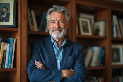 Homme d'âge moyen en blazer bleu dans un bureau chaleureux