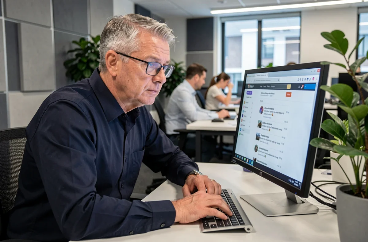 Homme en open space perplexe face à des résultats de recherche inattendus sur son écran