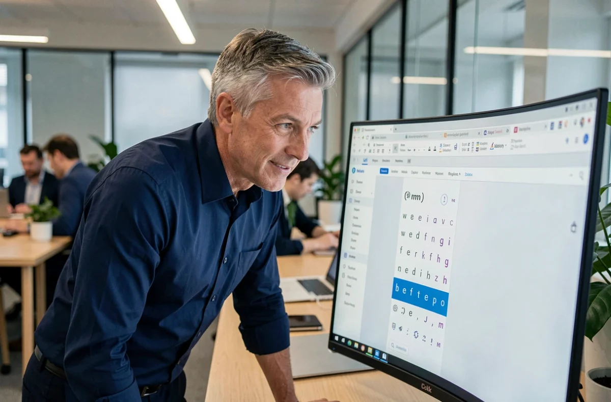 Homme en bureau moderne consultant une table de caractères spéciaux pour trouver le symbole environ