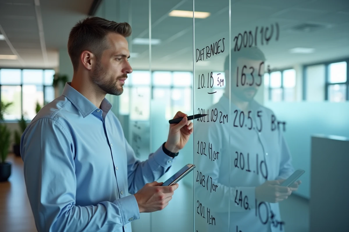 Homme calculant un écart entre deux dates sur tableau blanc dans un bureau moderne avec tablette numérique