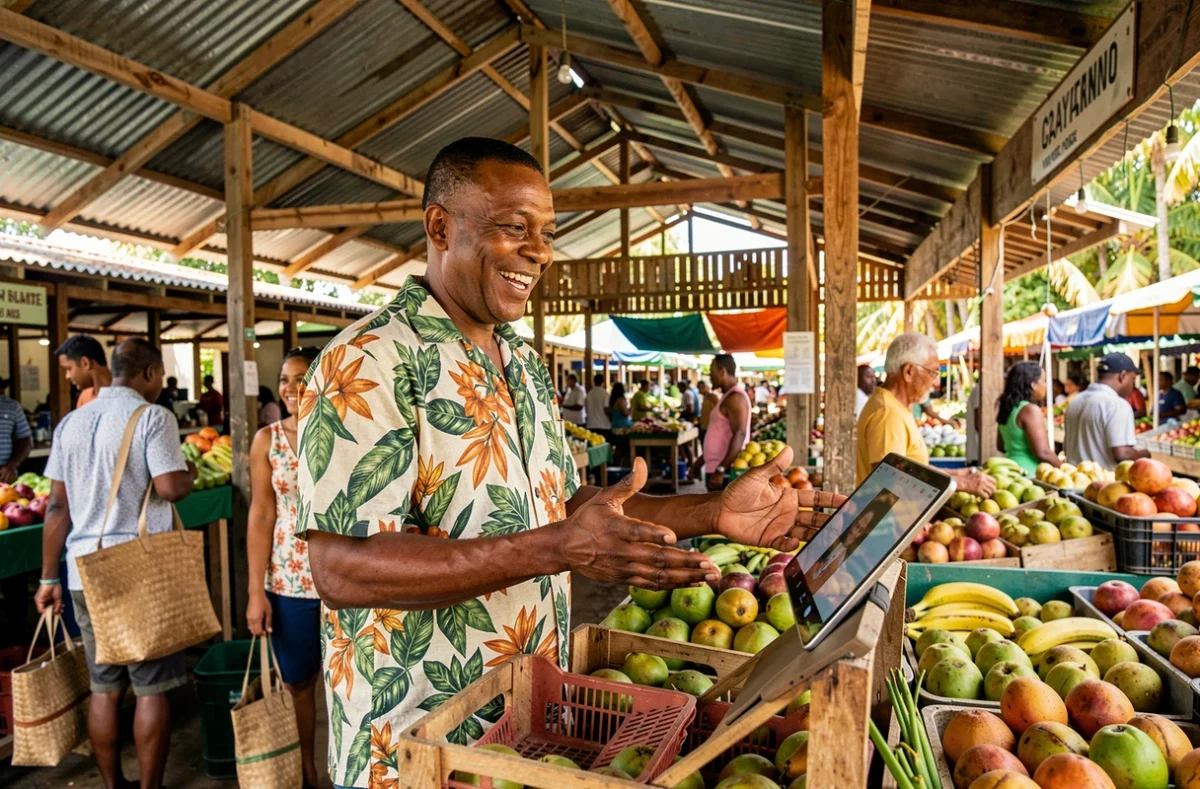 Homme en Guyane française en visioconférence avec la France depuis un marché de Cayenne, illustrant le décalage horaire