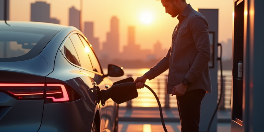 Homme chargeant une voiture électrique dans une station urbaine au coucher du soleil