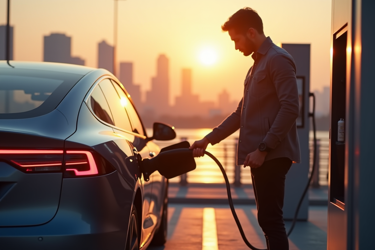 Homme chargeant une voiture électrique dans une station urbaine au coucher du soleil