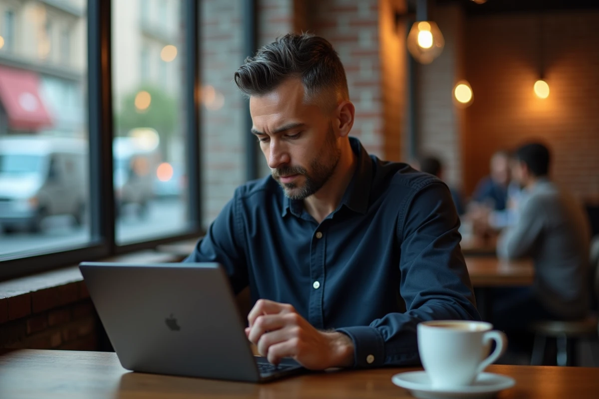 Homme consultant un site d'avis de décès en ligne dans un café moderne