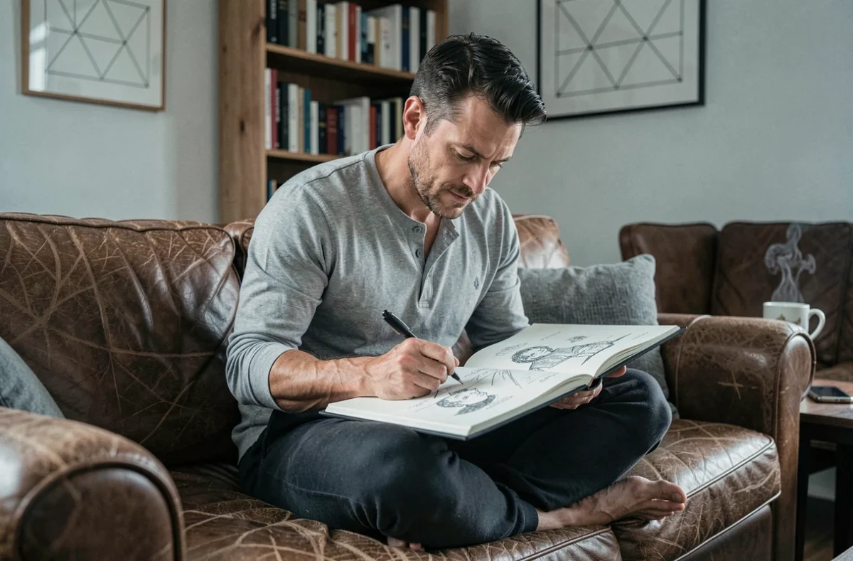 Homme adulte introverti dessinant dans un carnet de croquis posé sur ses genoux dans son salon, loisir créatif solitaire et apaisant