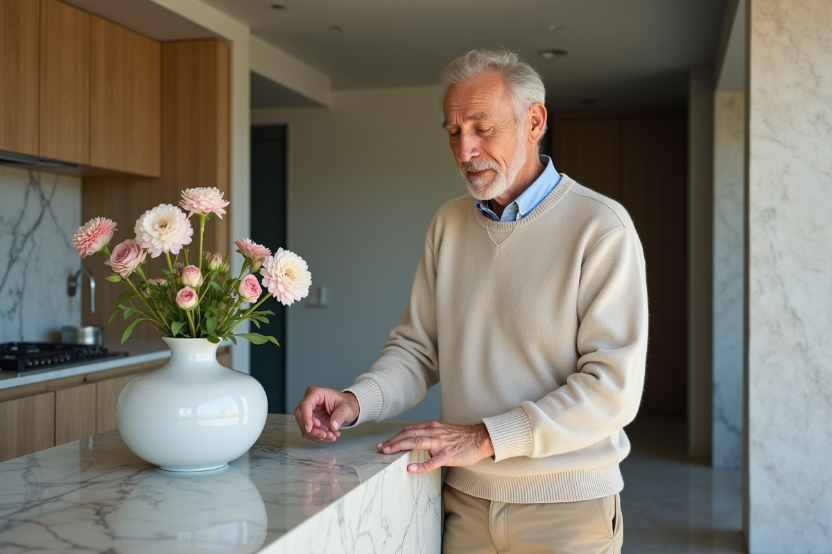 Homme arrangeant des fleurs dans une cuisine lumineuse