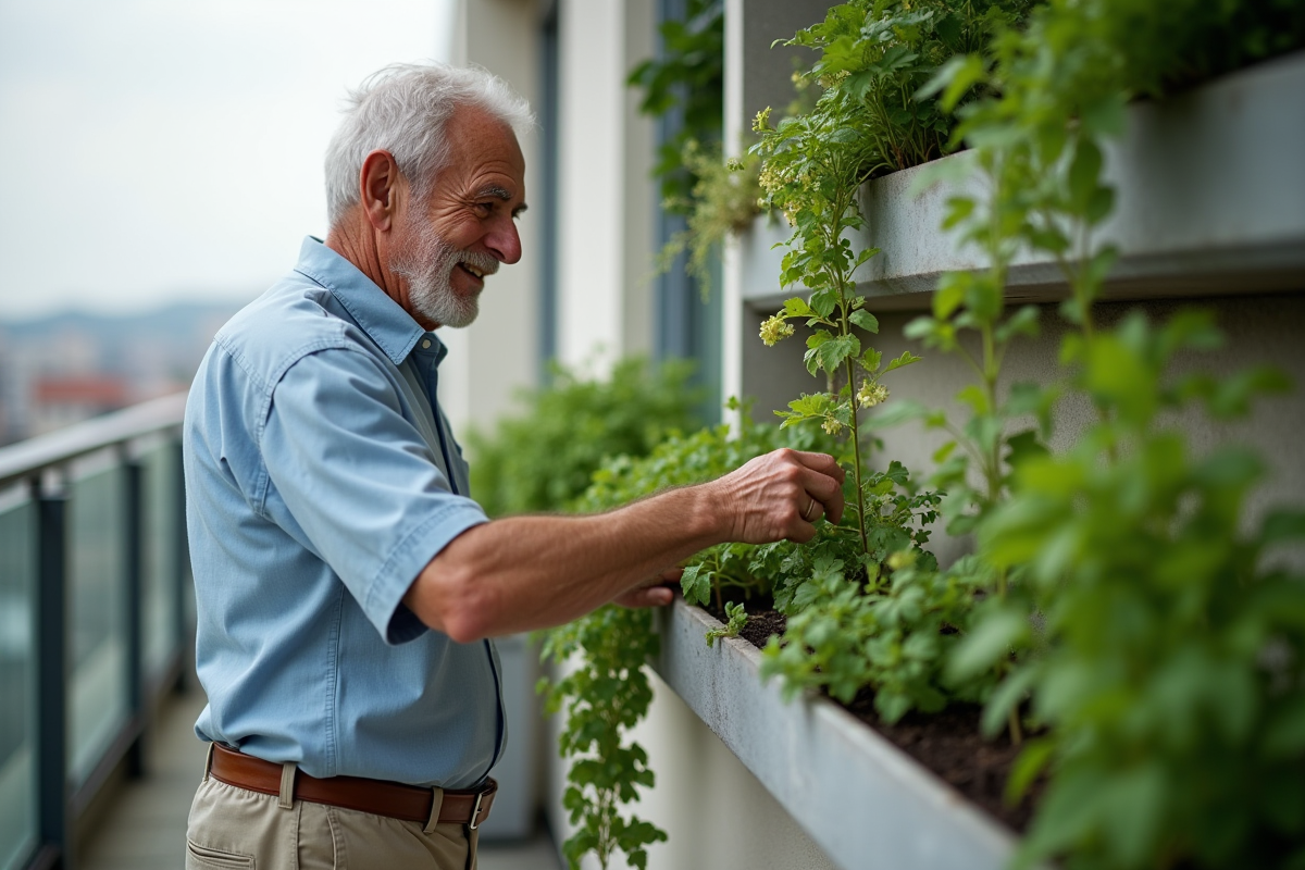 Homme retraité entretenant un jardin sur balcon