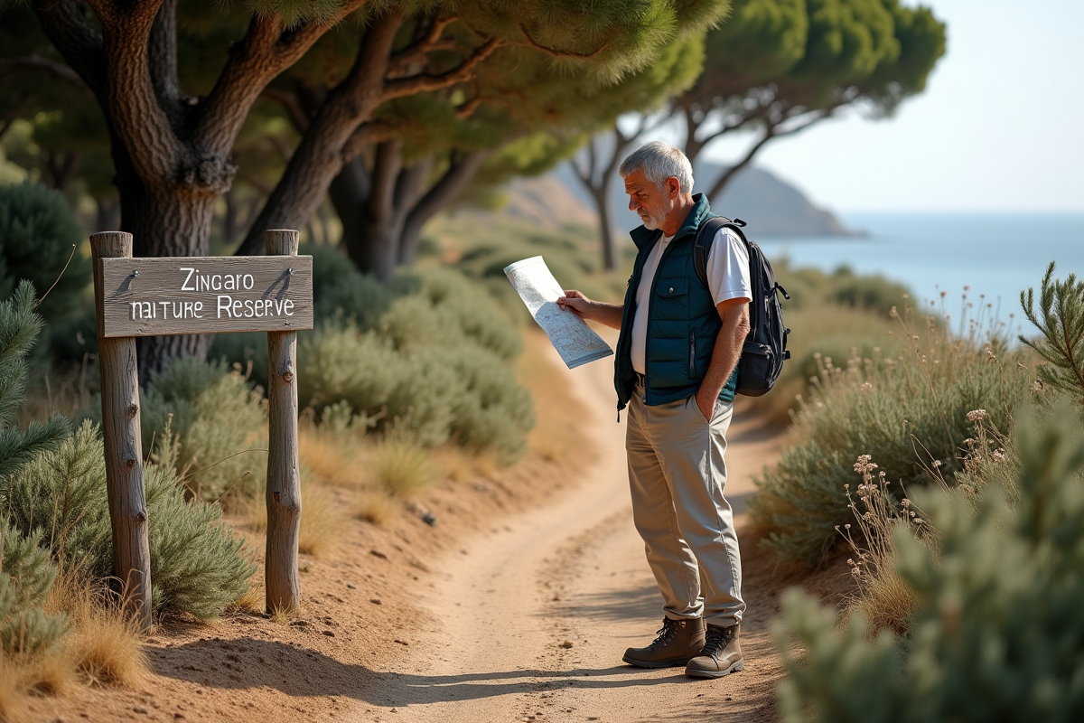 Homme âgé consulte une carte près du panneau Zingaro