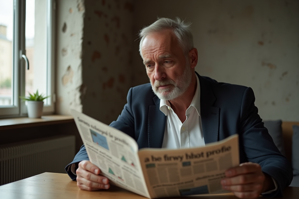 Homme d'âge moyen lisant un journal dans un salon