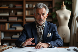 Homme élégant en costume navy dans un atelier de mode parisien