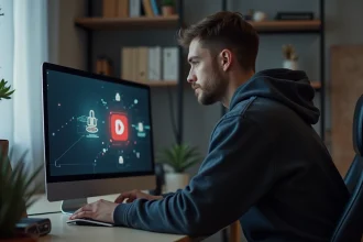 Jeune homme concentré sur son ordinateur avec logo de securite