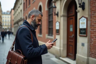 Homme vérifiant l'heure de prière devant une mosquee à Bezons