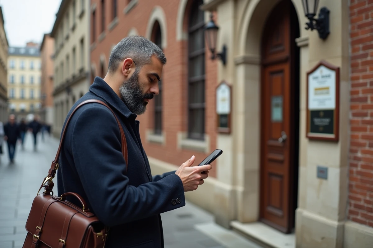 Homme vérifiant l'heure de prière devant une mosquee à Bezons