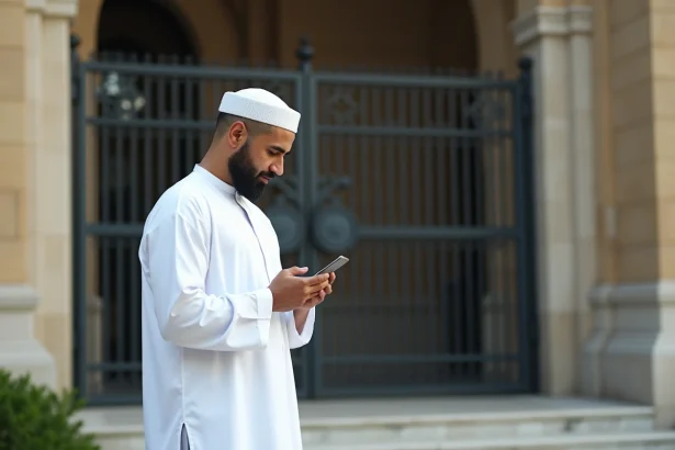 Homme en thobe vérifiant l'heure de prière devant la mosquee